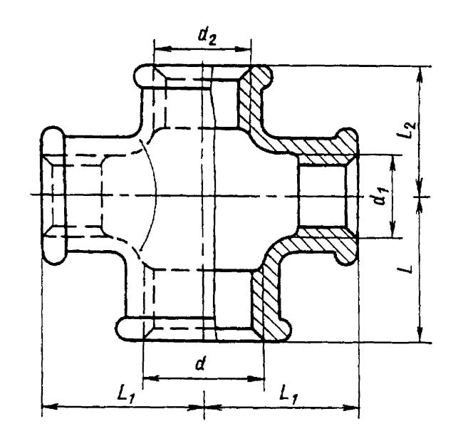 ГОСТ 8953-75 Соединительные части из ковкого чугуна с цилиндрической резьбой для трубопроводов. Кресты с двумя переходами. Основные размеры (с Изменением N 1)