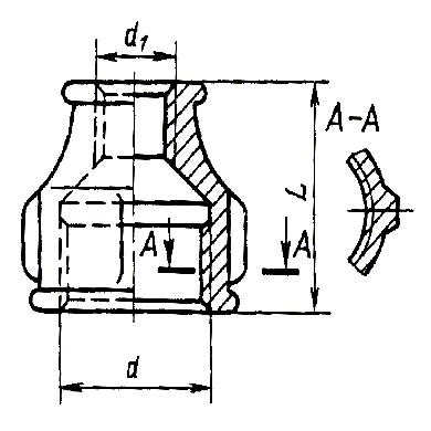 ГОСТ 8957-75 Соединительные части из ковкого чугуна с цилиндрической резьбой для трубопроводов. Муфты переходные. Основные размеры (с Изменениями N 1, 2)